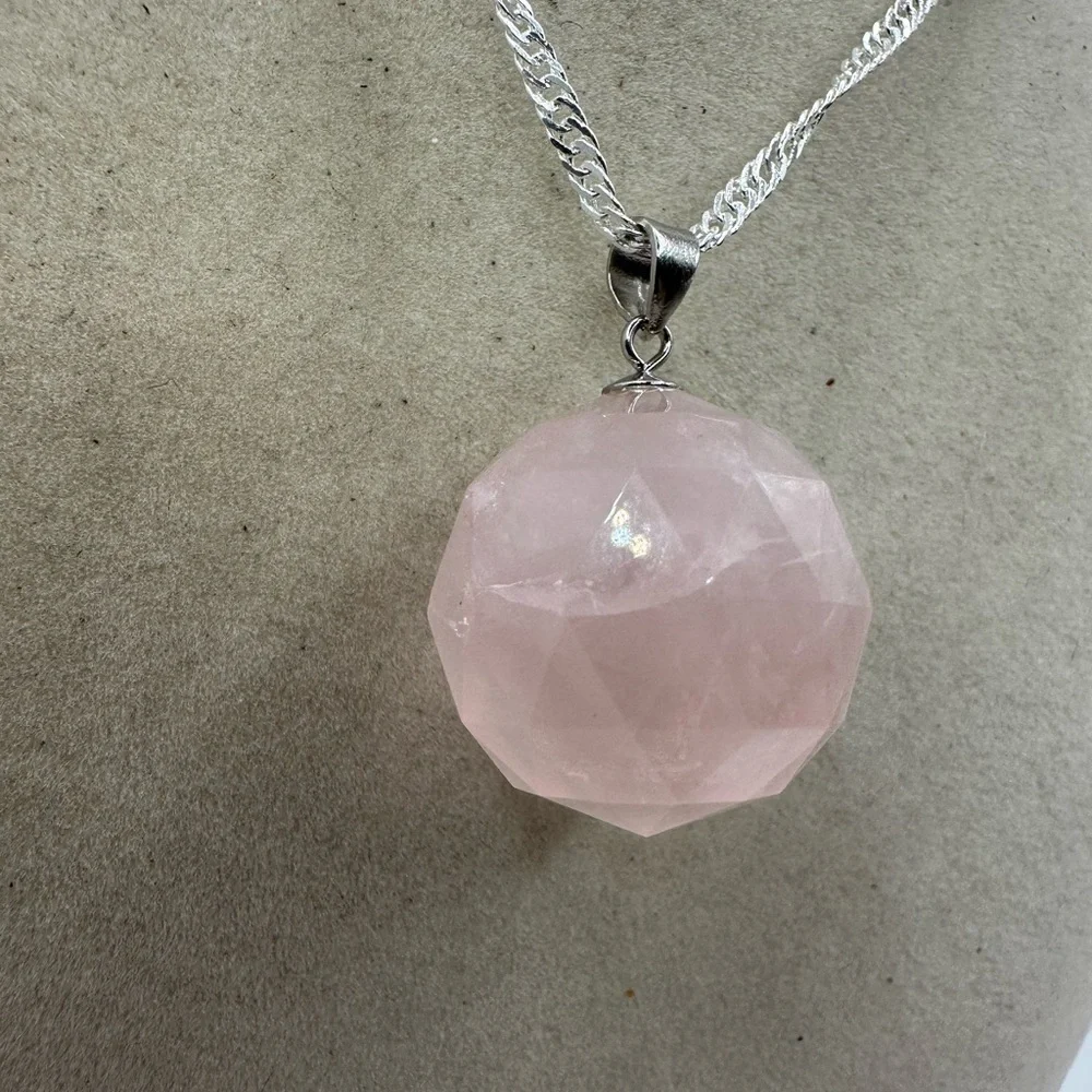 SOLD Rose Quartz 3D Round Pendant on Sterling Silver Chain - Picture 2 of 13